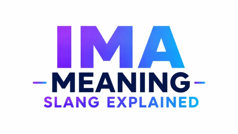 Minimalist white banner with the centered text "IMA Meaning Slang Explained" in bold, modern typography featuring a purple-to-blue gradient and navy lettering
