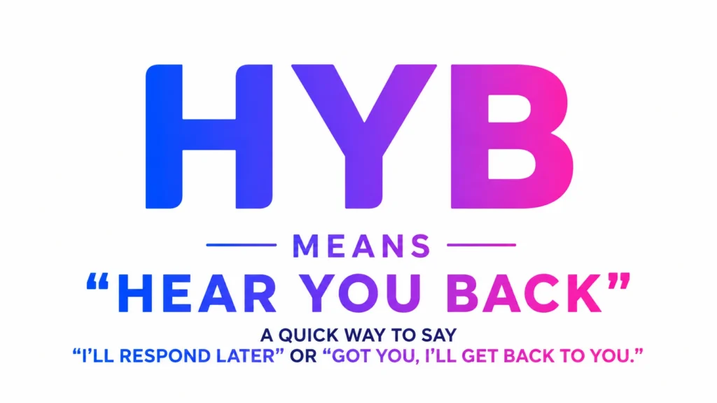 Minimalist digital banner on a clean white background featuring large gradient text “HYB” in blue, purple, and pink. Centered beneath it is the phrase “HYB Means ‘Hear You Back’” with a brief explanation that it is a quick way to say “I’ll respond later” or “I’ll get back to you.”